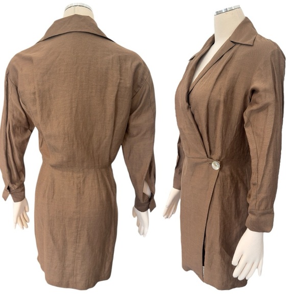 VINCE Collared Linen-blend Wrap V Neck Long Sleeve Mini Dress Size 0 NEW - Picture 5 of 11